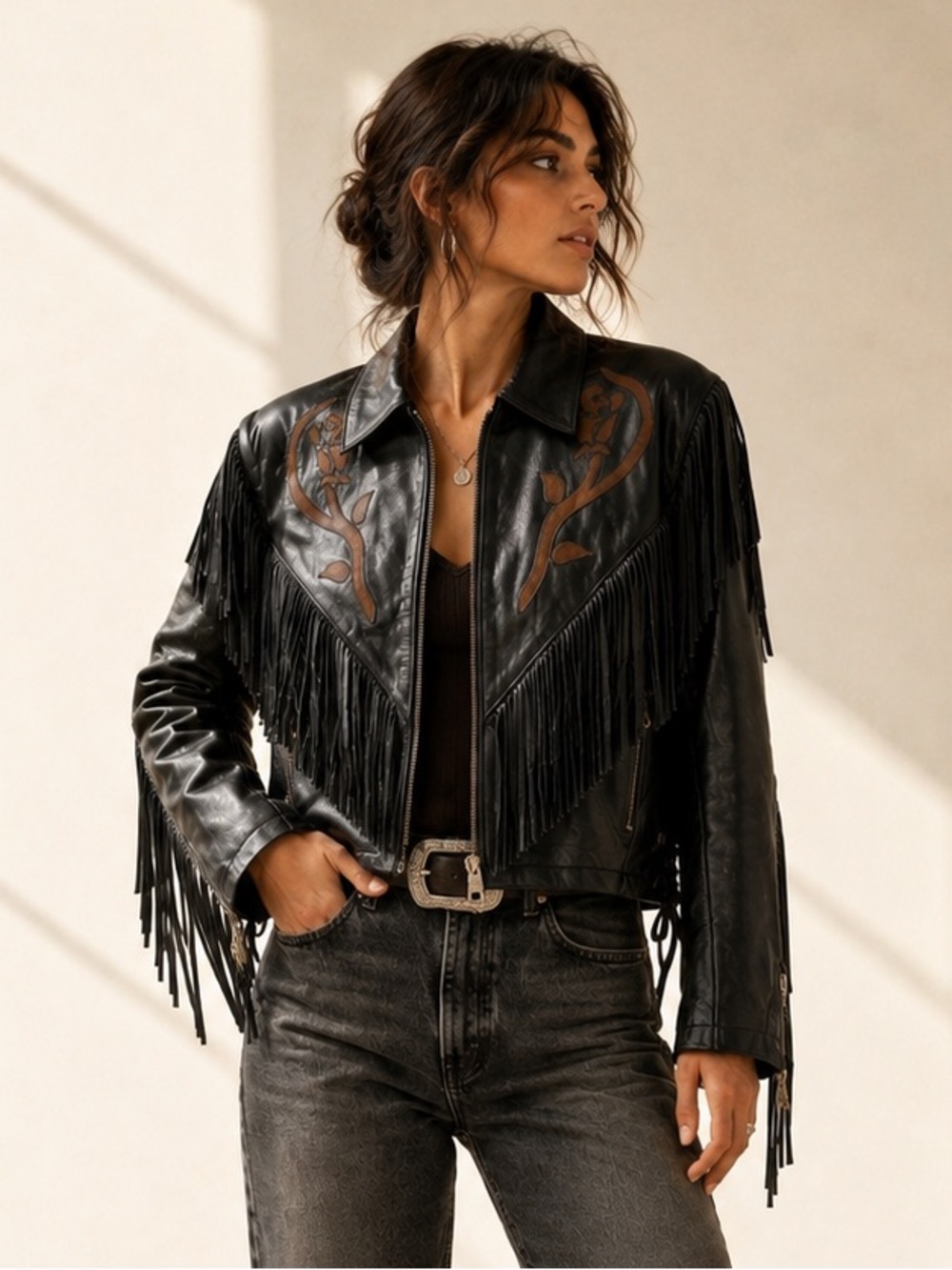 Vintage Fringe Leather Moto Jacket Southwestern Mob Wife Y2K Roses Size S